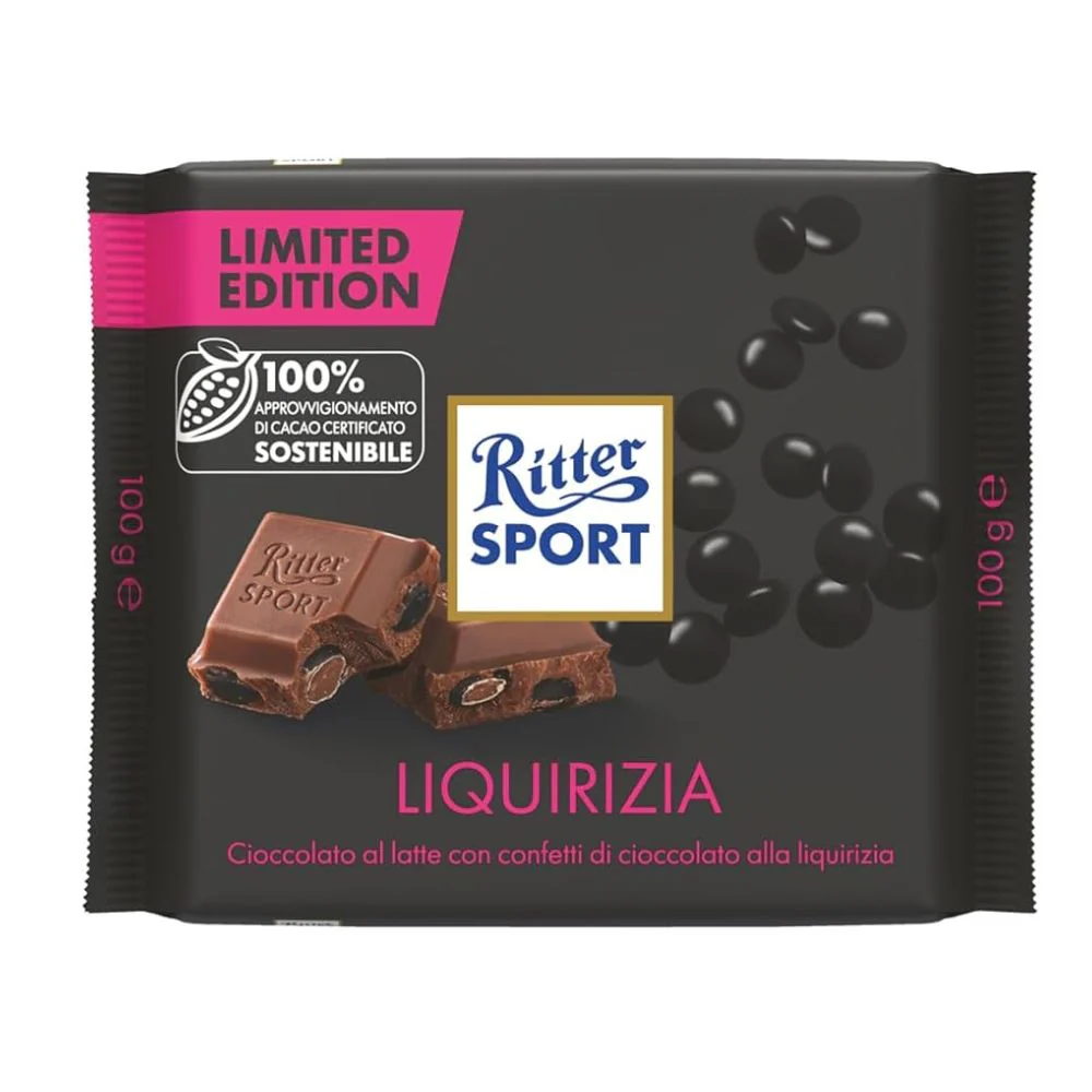 Ritter Sport Liquirizia, cioccolato al latte con confetti di cioccolato al latte aromatizzati alla liquirizia 100g