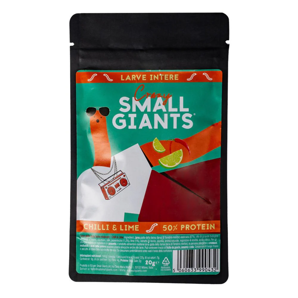 Small Giants Larve Intere Chilli Lime, larve della farina essiccate aromatizzate al chilli e lime da 20g