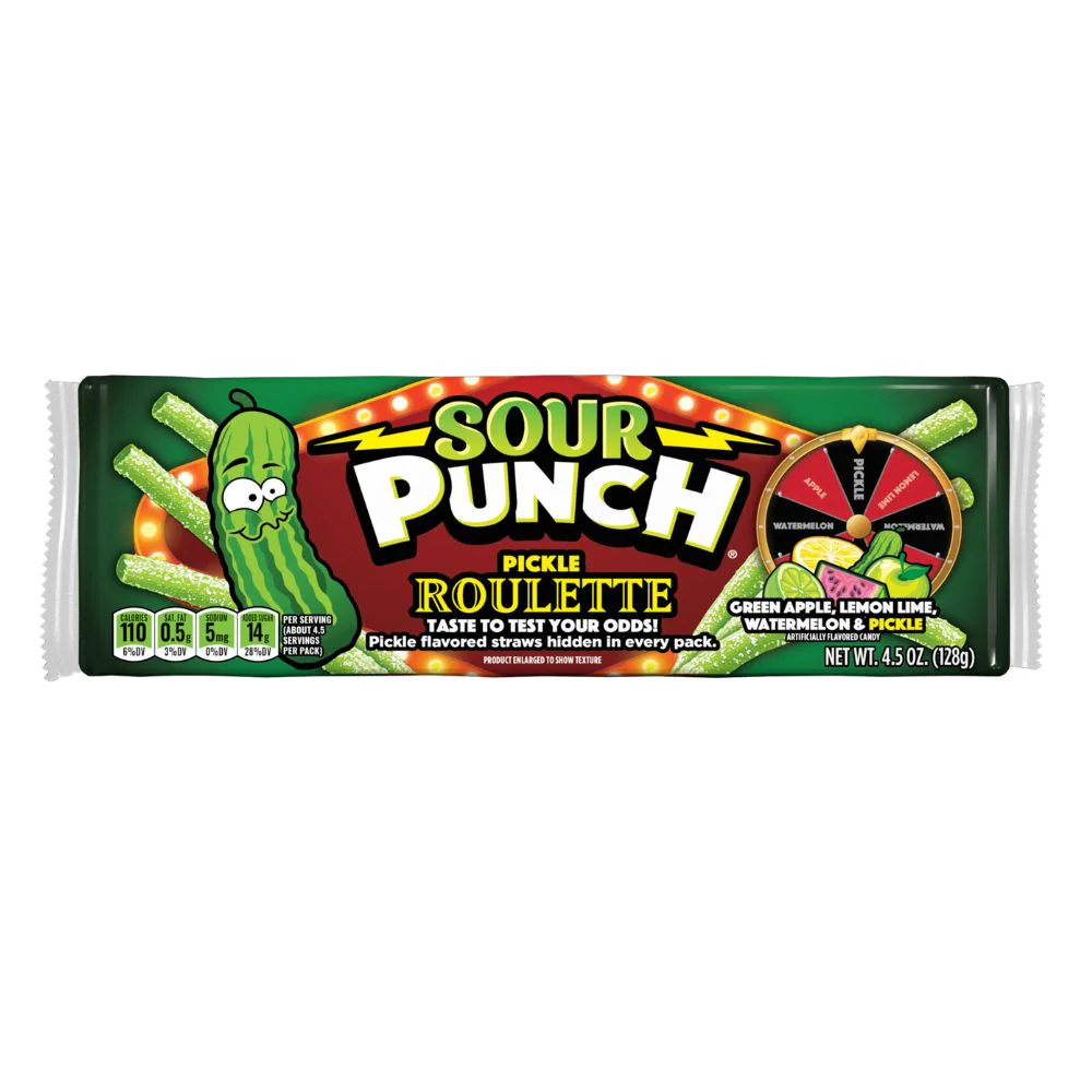 Sour Punch Pickle Roulette Straws, Caramelle gommose gusto a sorpresa da 128g