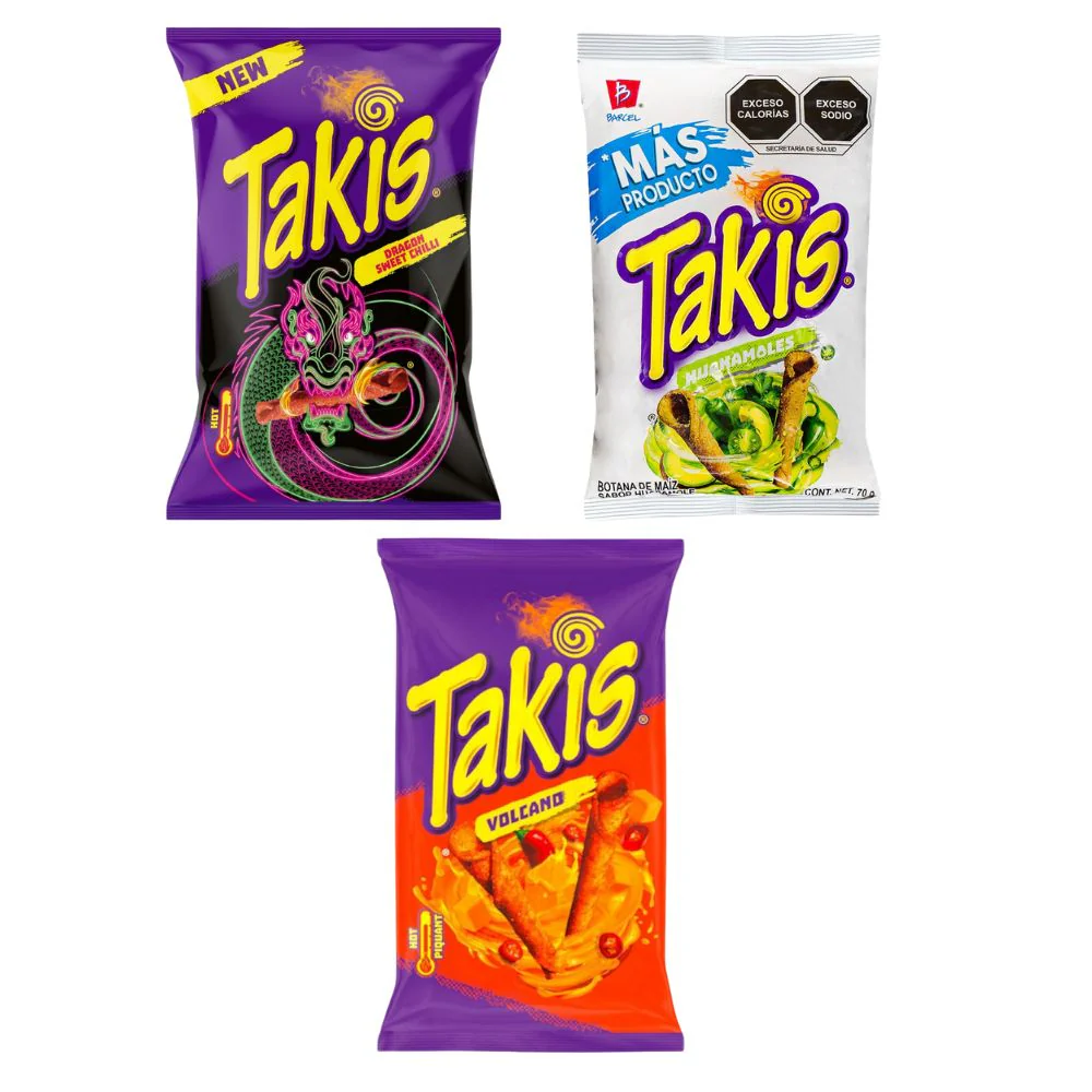 Takis Mix: 1 Takis Dragon Sweet Chili da 100g, 1 Takis Huakamoles da 70g, 1 Takis TNT Queso Volcano da 100g
