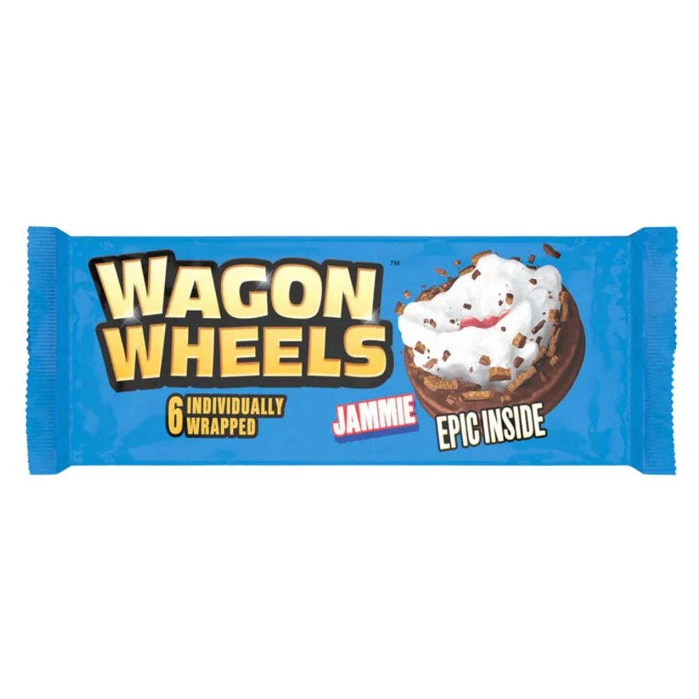 Wagon Wheels Jammie, biscotto ripieno di marshmallow e marmellata al gusto di lampone ricoperto di cioccolato da 243g
