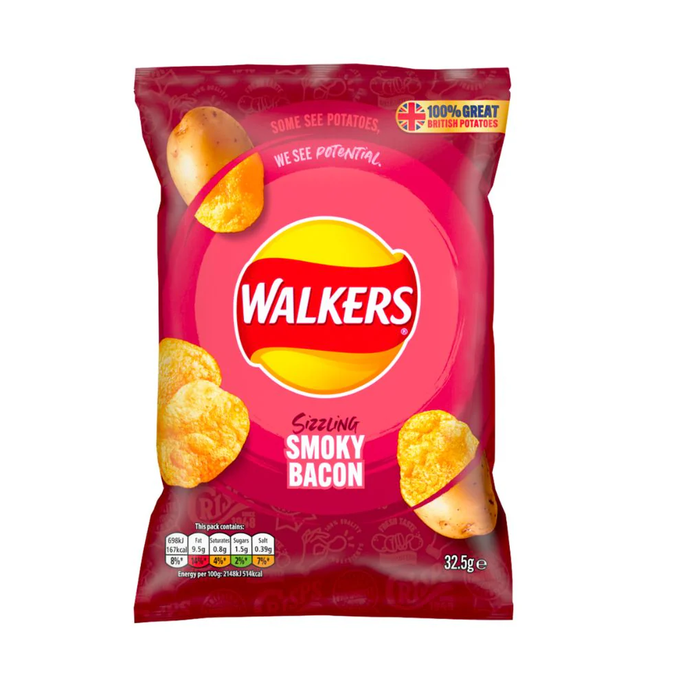 Walkers Smoky Bacon, patatine al gusto di bacon affumicato da 32.5g SCADENZA 18/03/2023