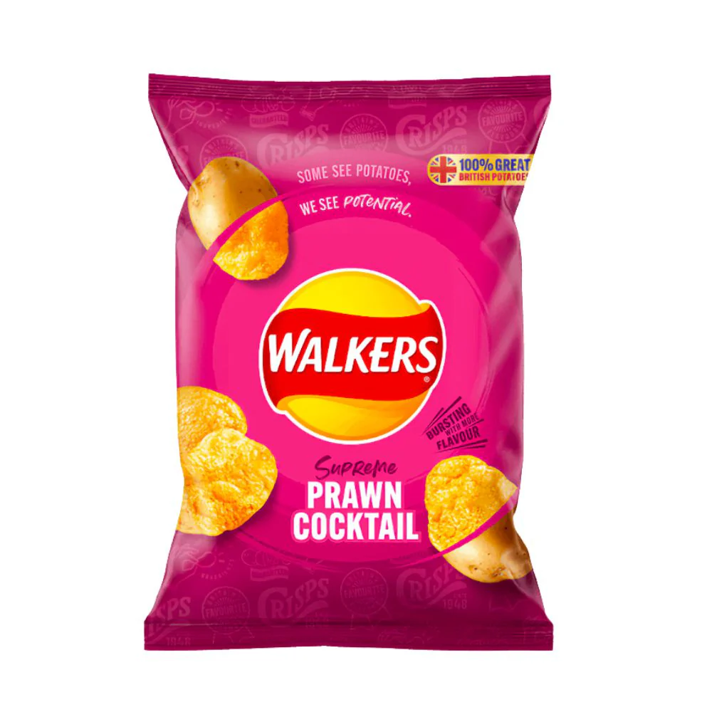 Walkers Supreme Prawn Cocktail, patatine al gusto di cocktail di gamberi da 32.5g