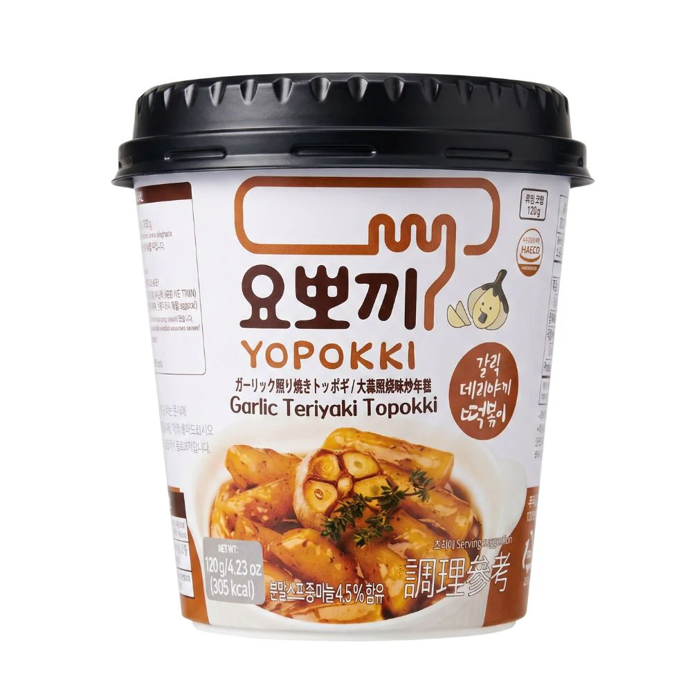 Yopokki Garlic Teriyaki Topokki Cup, yopokki con aglio e salsa teriyaki da 120g